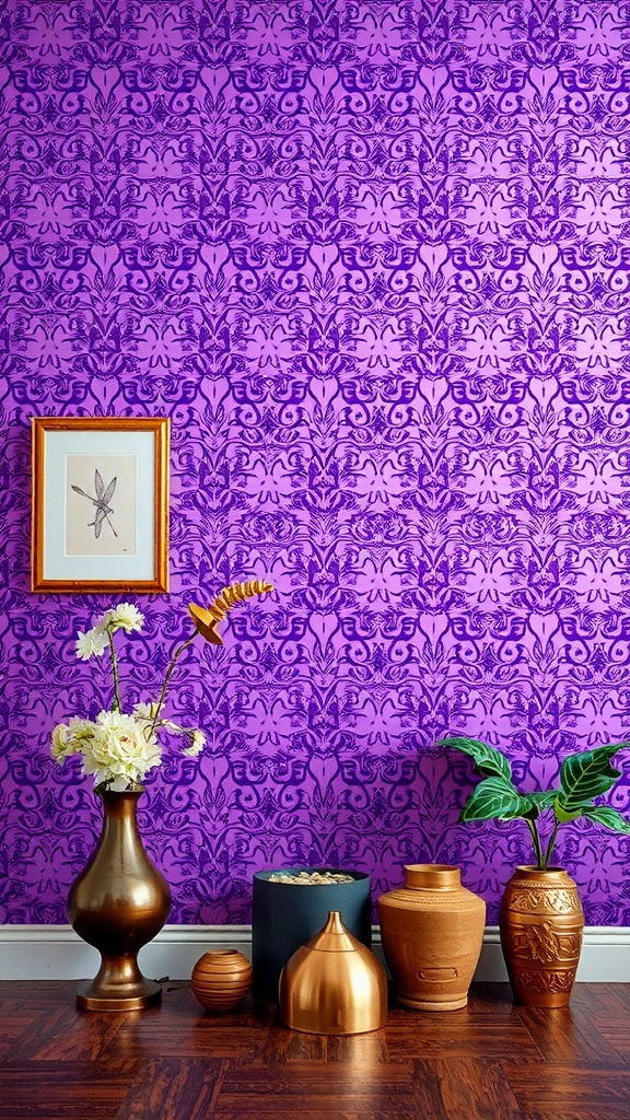 Purple wallpaper with floral pattern and decorative vases in a bedroom