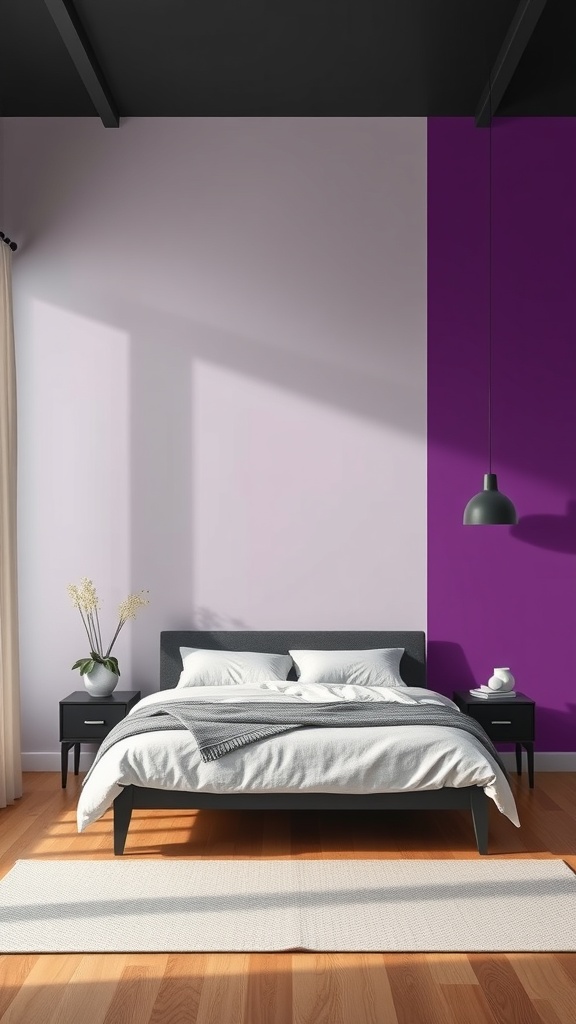 A modern bedroom featuring an accent wall with purple wallpaper, a black ceiling, and a stylish bed.