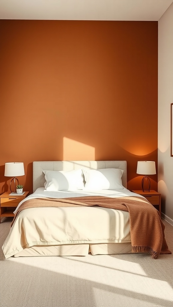 A bedroom featuring an orange accent wall with a neutral bedspread and brown accents.