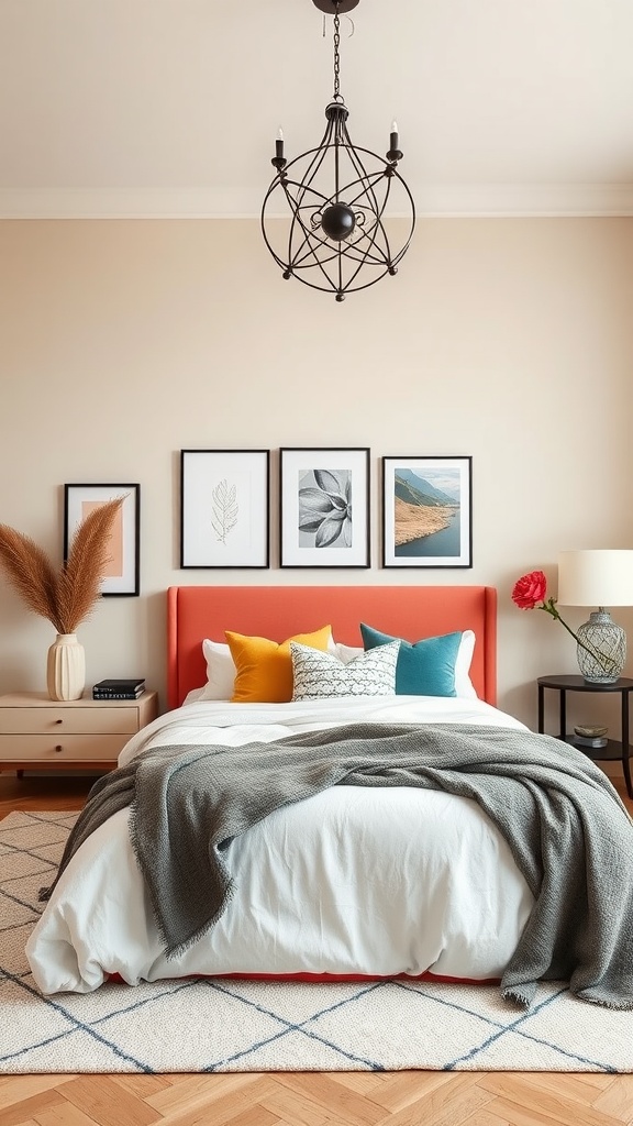 A stylish bedroom featuring a coral headboard, colorful pillows, beige walls, and tasteful decor.