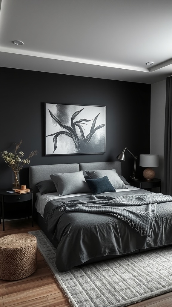 A cozy bedroom featuring a dark accent wall, grey bedding, and stylish decor.