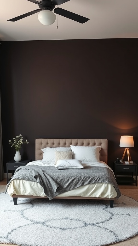 A cozy bedroom featuring a dark brown accent wall, a beige tufted bed, and light bedding.