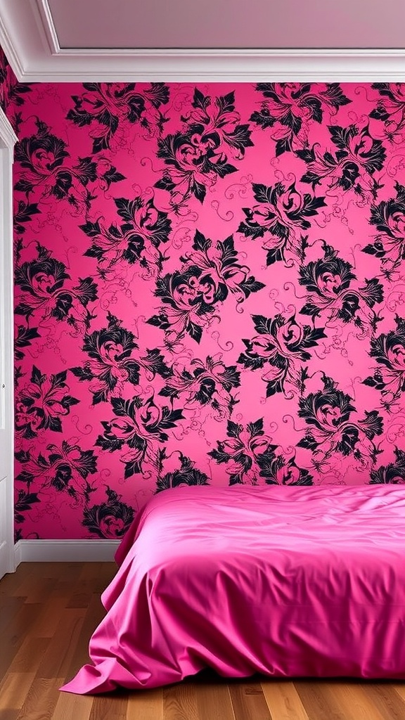 A pink and black floral wallpaper accent wall in a bedroom with a pink bedspread.