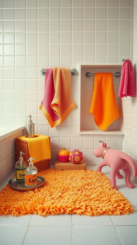 Colorful towels and playful decor in a vibrant 70s inspired bathroom
