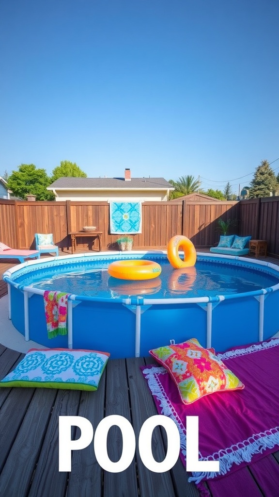 A colorful above ground pool with deck, featuring cushions and a float.