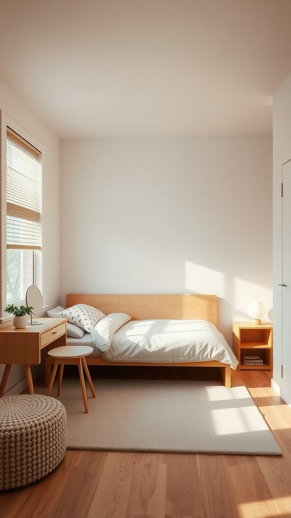 Minimal kids bedroom featuring a simple bed, desk, and natural wood furniture.