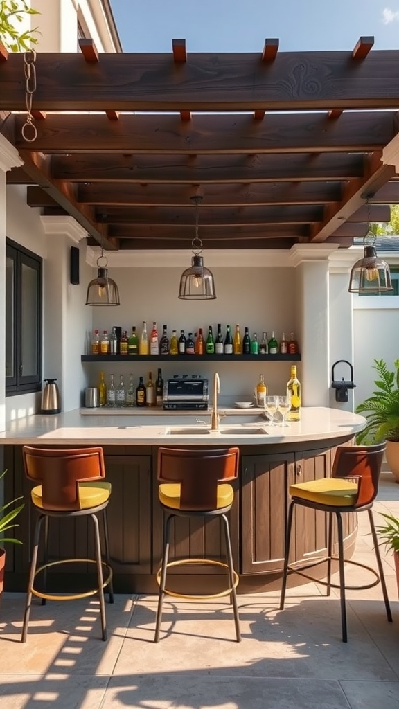 Stylish outdoor bar area with colorful bottles and modern stools