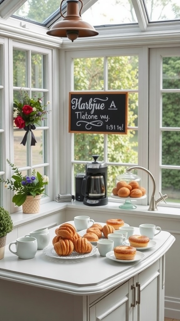 A bright sunroom with a coffee bar featuring a coffee maker, pastries, and a cozy setup ideal for morning rituals.