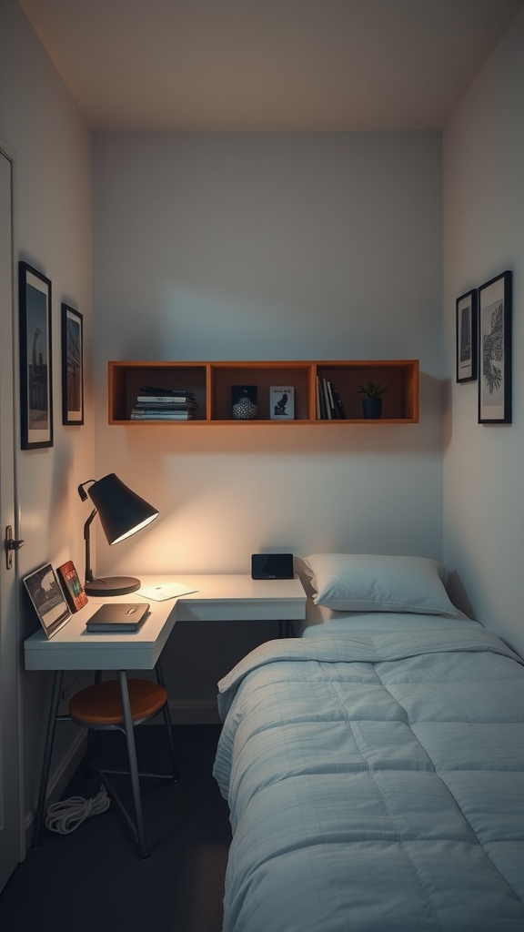 A narrow bedroom featuring a desk beside a bed, with books and a plant on shelves above.