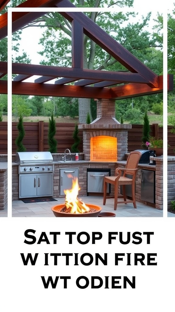 An outdoor kitchen with a fire feature on a deck, showcasing a grill, seating area, and a warm fire.