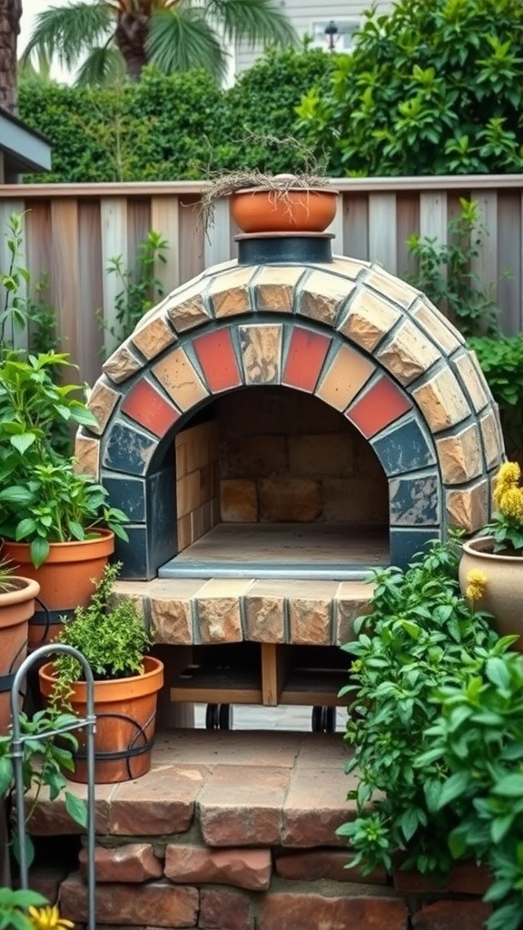 An outdoor pizza oven surrounded by green plants and flower pots