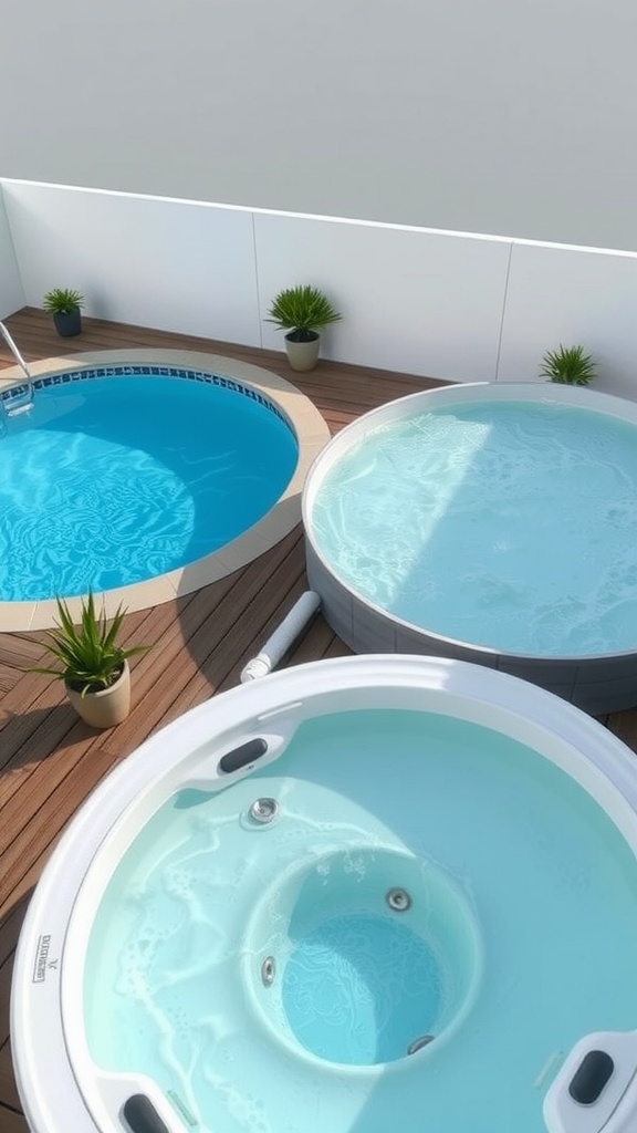 A view of a deck with an above-ground pool and two hot tubs surrounded by plants.