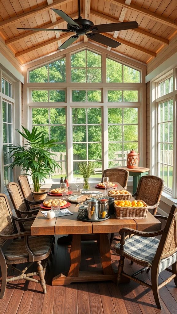 A cozy sunroom featuring a wooden table set for gatherings, surrounded by chairs and natural light streaming through large windows.
