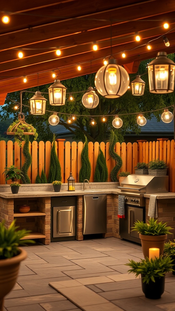 A beautifully lit outdoor kitchen with string lights and lanterns