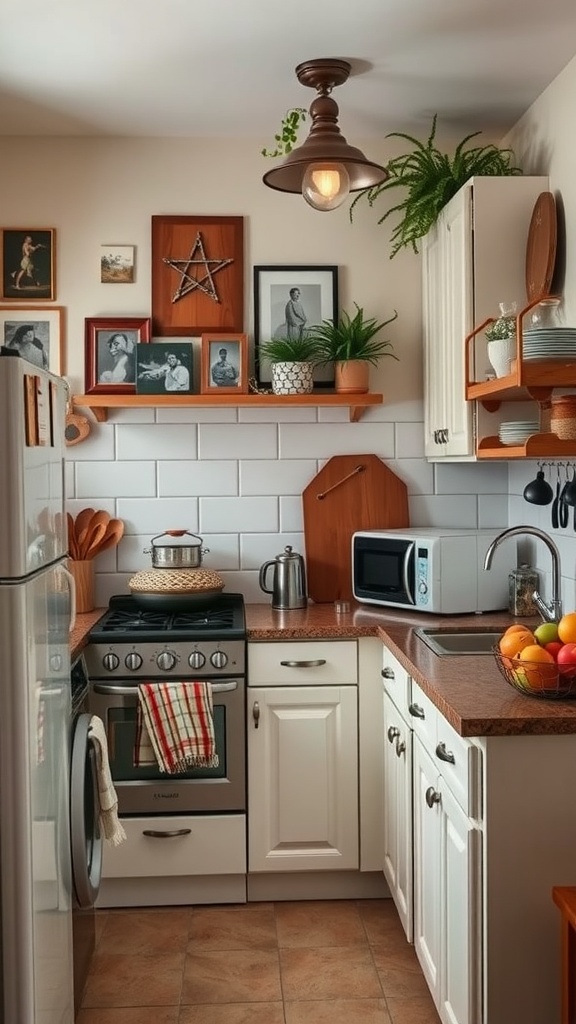 Cozy small kitchen with personal decor items, plants, and functional elements.