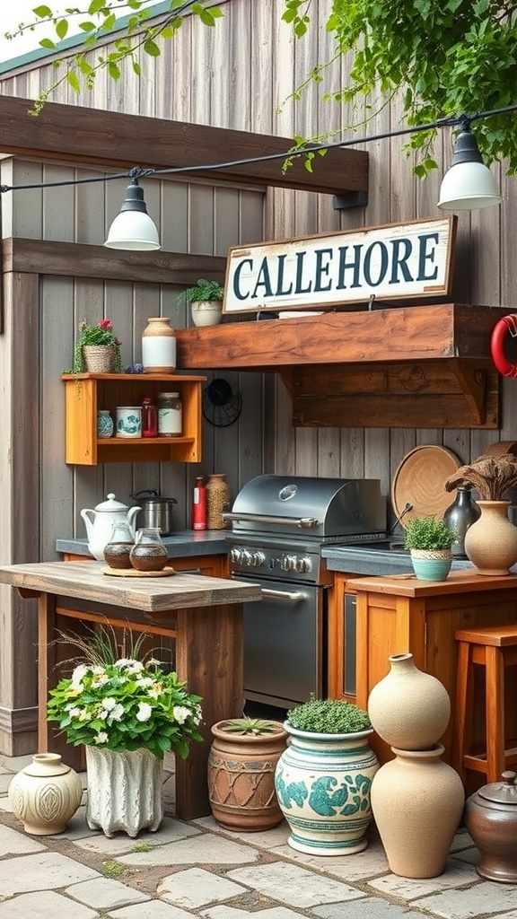 A rustic outdoor kitchen featuring wooden cabinetry, a grill, decorative pots, and greenery.