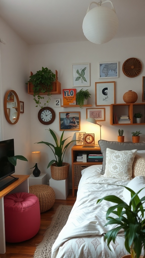 A cozy studio apartment with personal touches like artwork, plants, and DIY decorations.