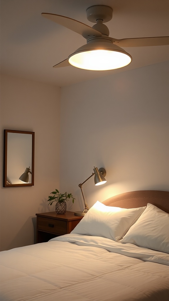 Cozy bedroom featuring a ceiling fan light, bedside lamp, and a mirror.