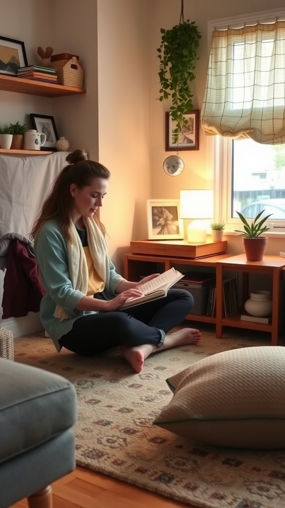 A person reading in a minimalist living space with plants and simple decor.
