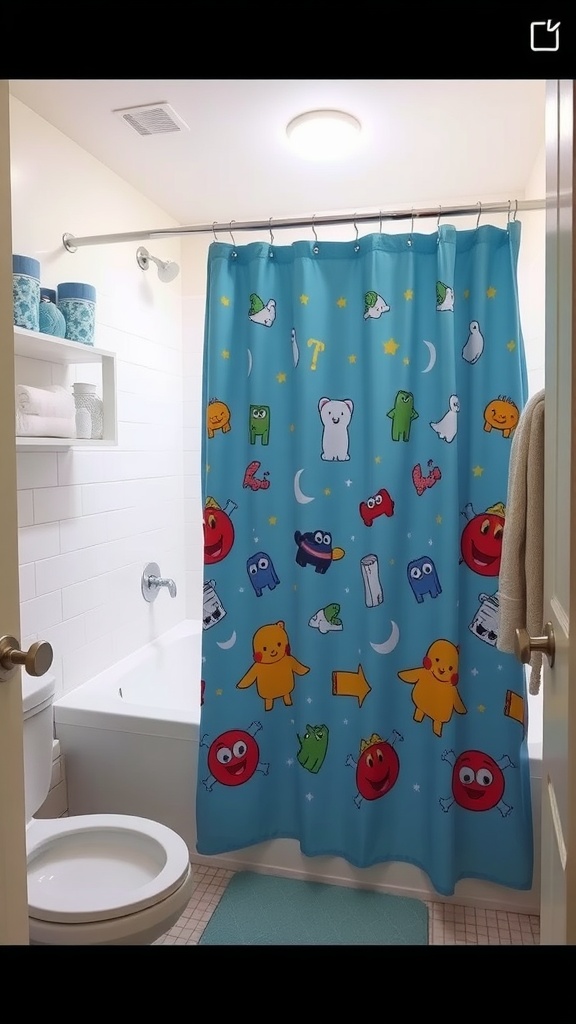Colorful shower curtain with playful cartoon characters in a bathroom