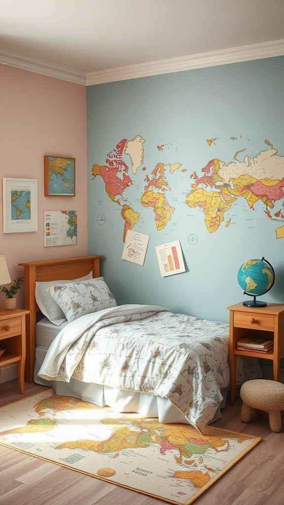 A girl's bedroom with a world map on the wall, soft blue and pink paint, and map-themed bedding.