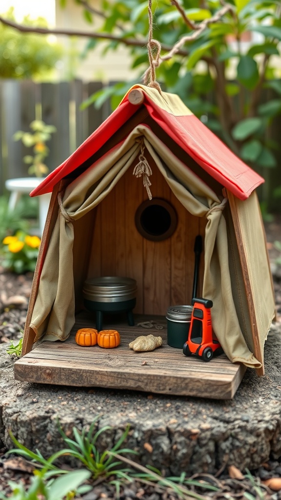 A unique birdhouse resembling a camping tent with a red roof and interior props.