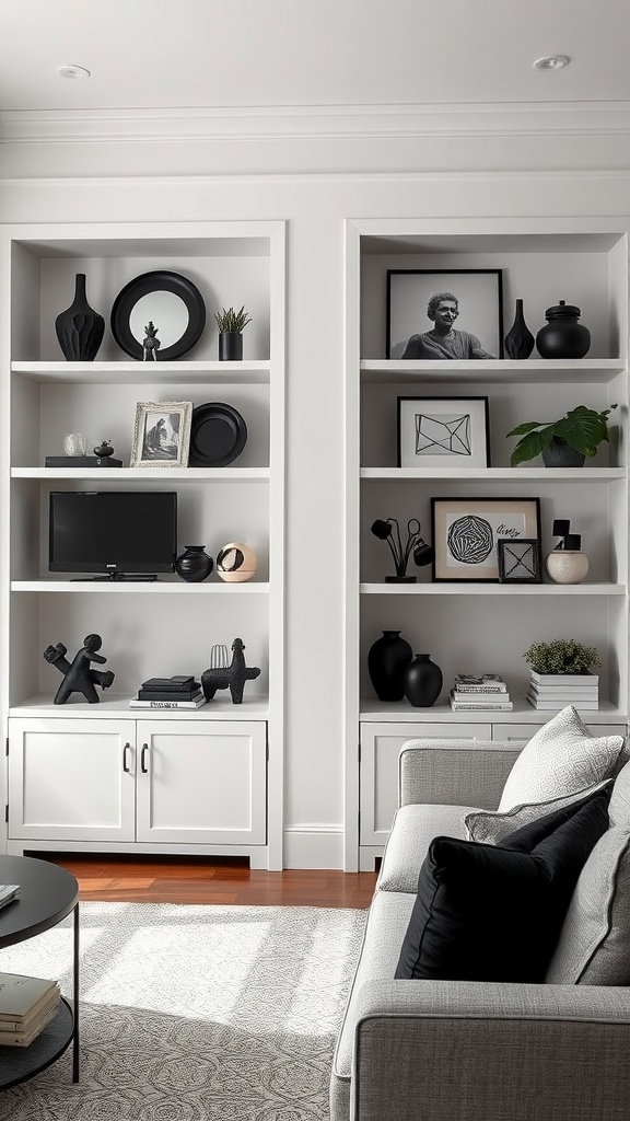 Stylish black decor on open shelves in a modern living room setting