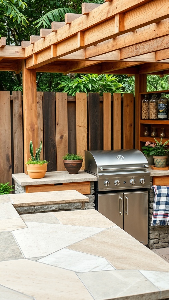 A rustic outdoor kitchen featuring wood and stone materials with potted plants.
