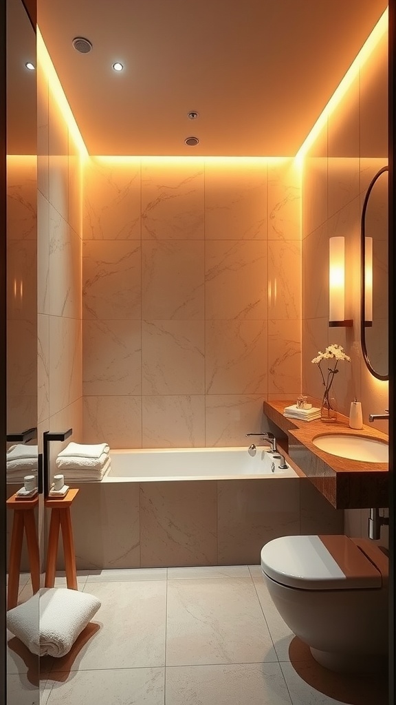 Modern hotel bathroom with ambient lighting and warm glow.