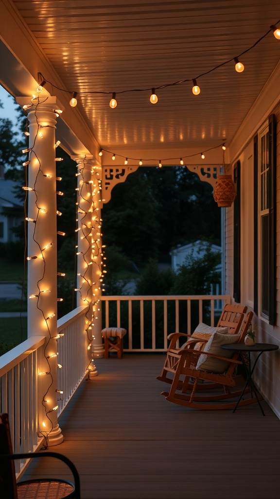 A warm-lit porch with string lights and rocking chairs, creating a cozy evening atmosphere.