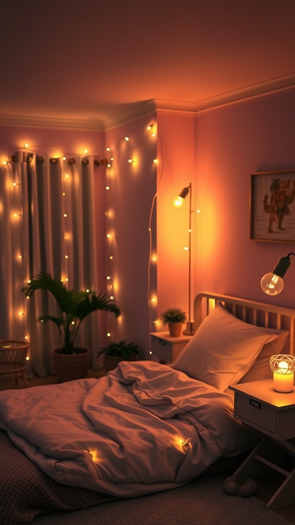 A cozy bedroom with warm ambient lighting, featuring string lights, a bedside lamp, and a potted plant.