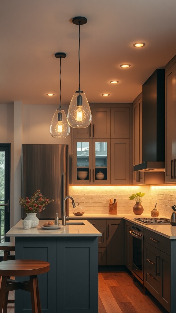 Cozy kitchen featuring modern lighting and warm tones