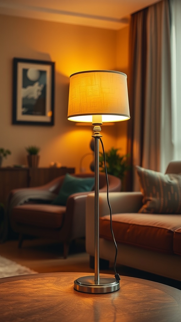 A stylish lamp with a warm glow illuminating a cozy living room space