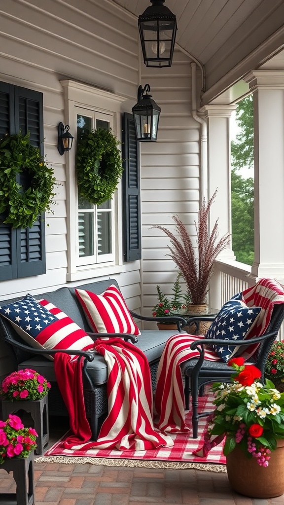 A cozy porch decorated with American flag pillows and throws, featuring vibrant colors and a welcoming atmosphere.