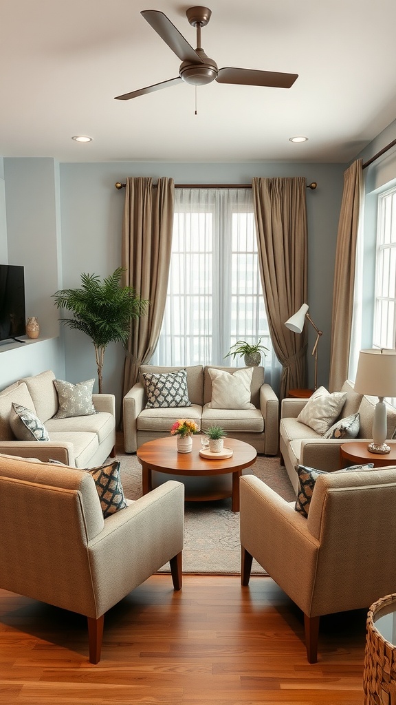 A cozy living room with comfortable seating arrangements, light curtains, and potted plants.