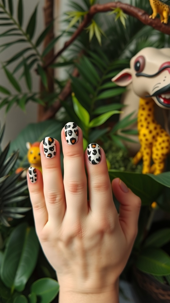 A hand with animal print almond nails surrounded by tropical plants and playful decor.