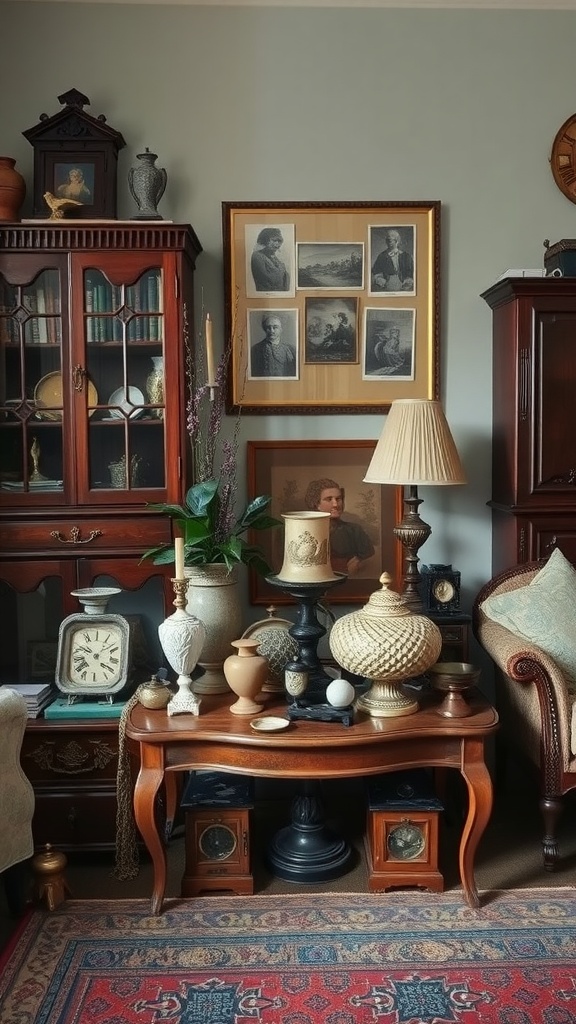 A vintage living room showcasing antique accessories including clocks, vases, and framed pictures.