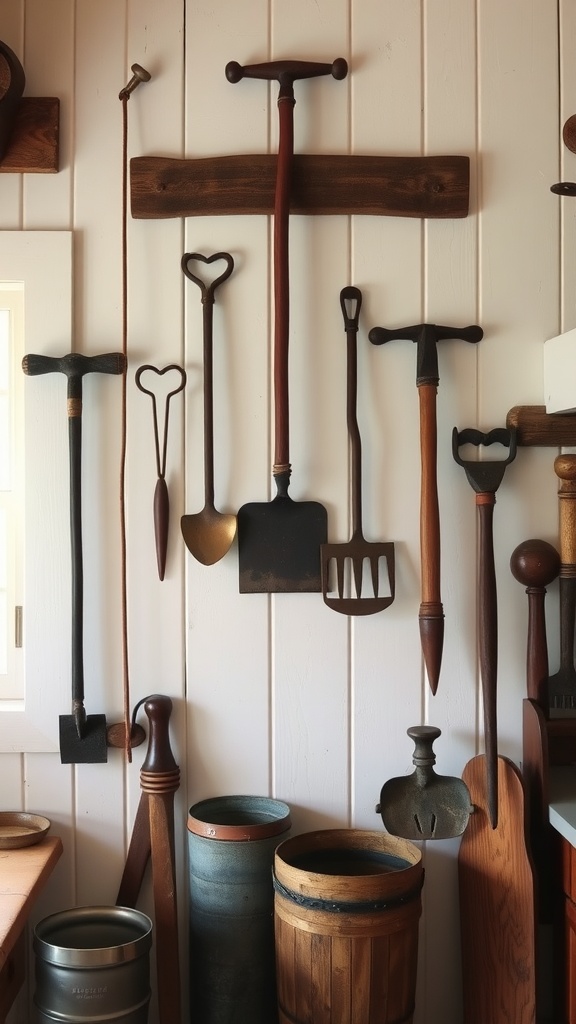 A display of antique farm tools hanging on a white wall in a farmhouse kitchen.