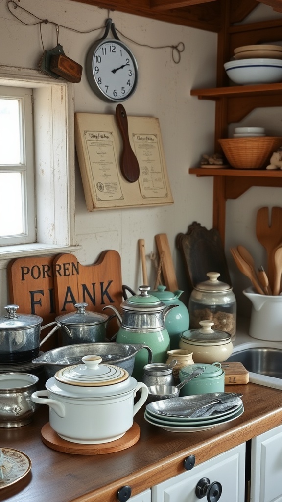 Rustic farmhouse kitchen with antique kitchenware displayed on a wooden countertop