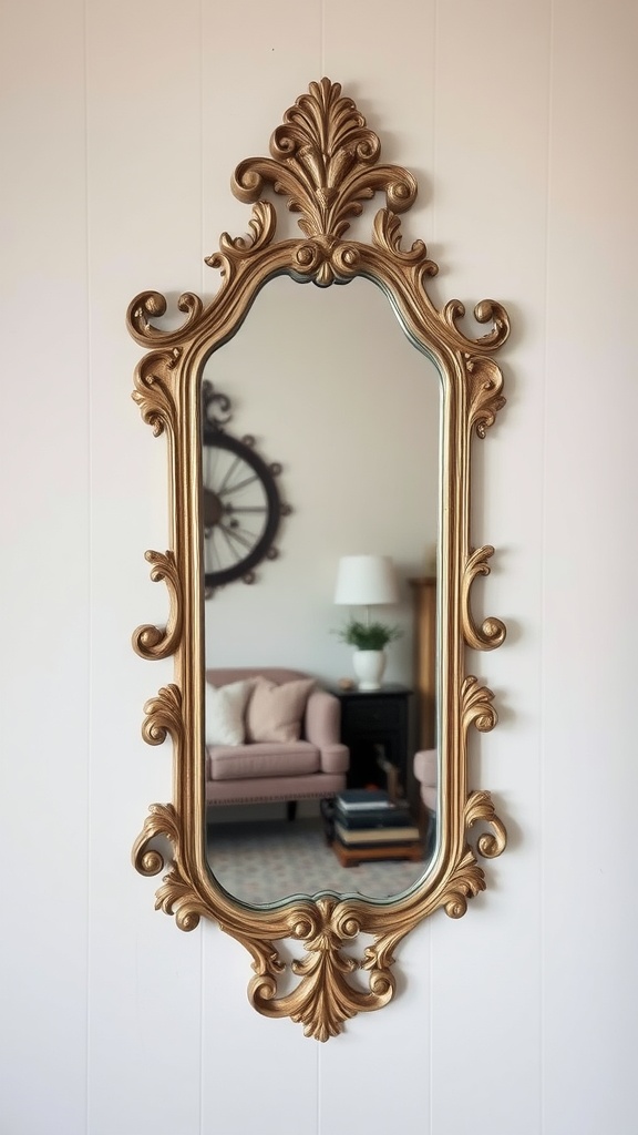 Antique mirror with an ornate golden frame reflecting a cozy living room.