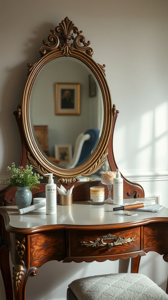An antique vanity table featuring an ornate mirror, skincare products, and a small vase of greenery.