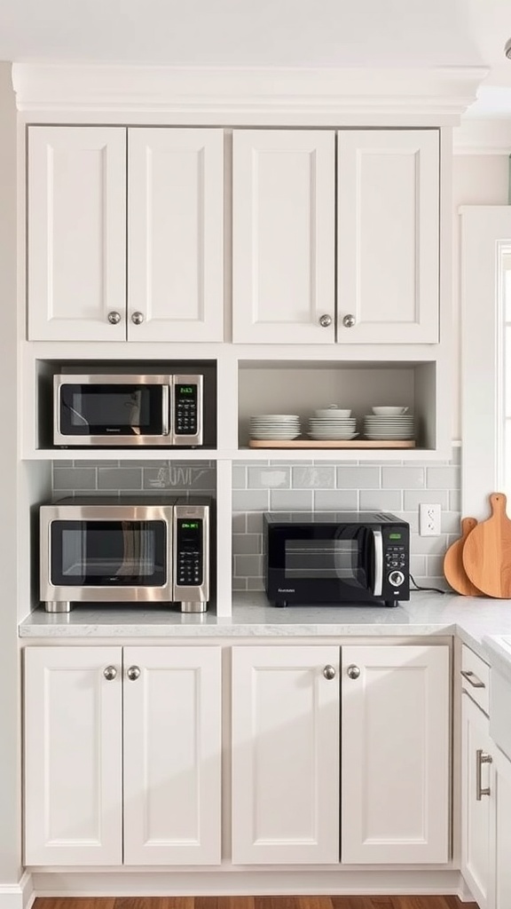 A cozy cottage kitchen with built-in appliance nooks featuring two microwaves and an open shelf displaying plates.