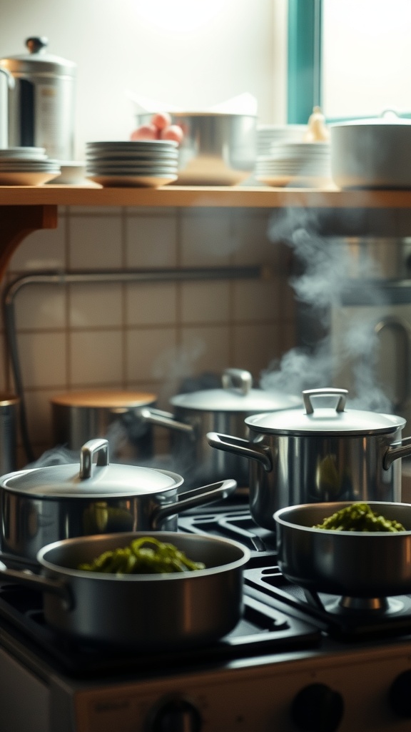 A cozy kitchen with pots on the stove, steam rising, and ingredients prepped on the counter.