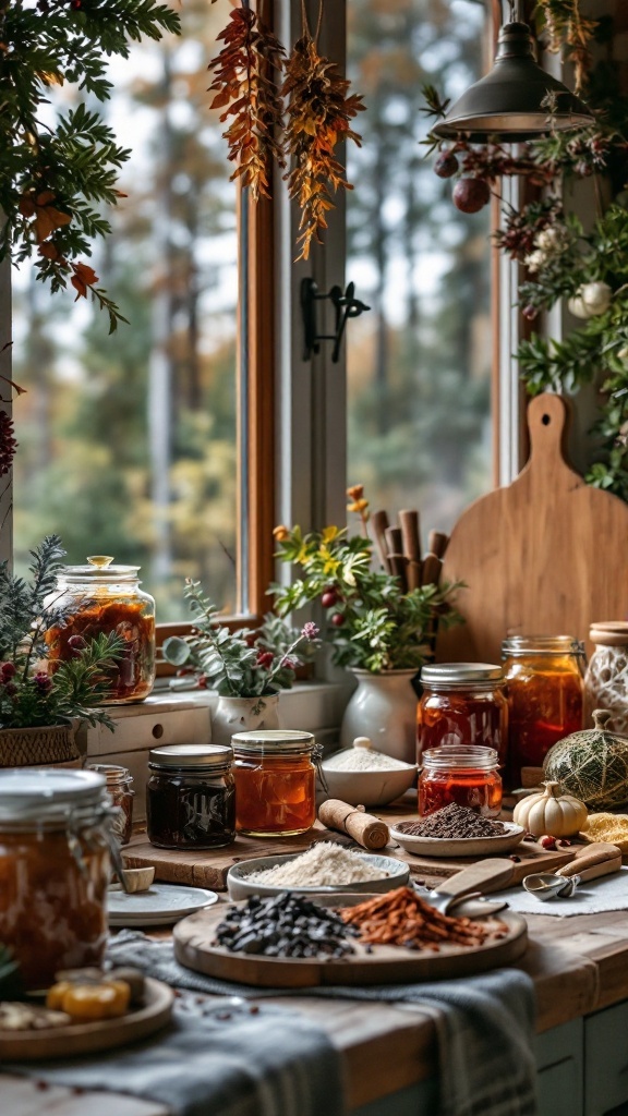 A cozy cabin kitchen with homemade jams and aromatic spices displayed on the counter.