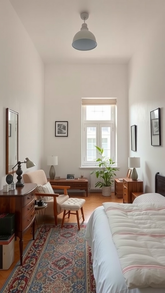 A narrow bedroom with a bed, a chair, side tables, and a plant, arranged for optimal flow.