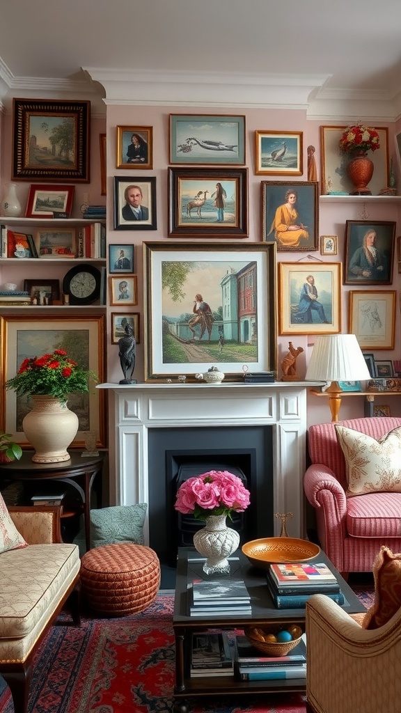 A cozy English living room featuring a wall of framed art, elegant furniture, and decorative accessories.