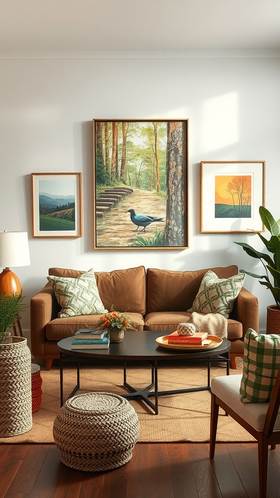 A cozy green living room featuring nature-themed art and decor.