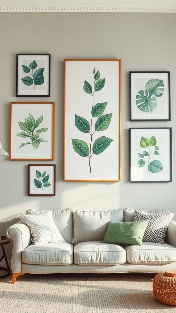 A green aesthetic living room featuring a wall of botanical art prints in various frames.