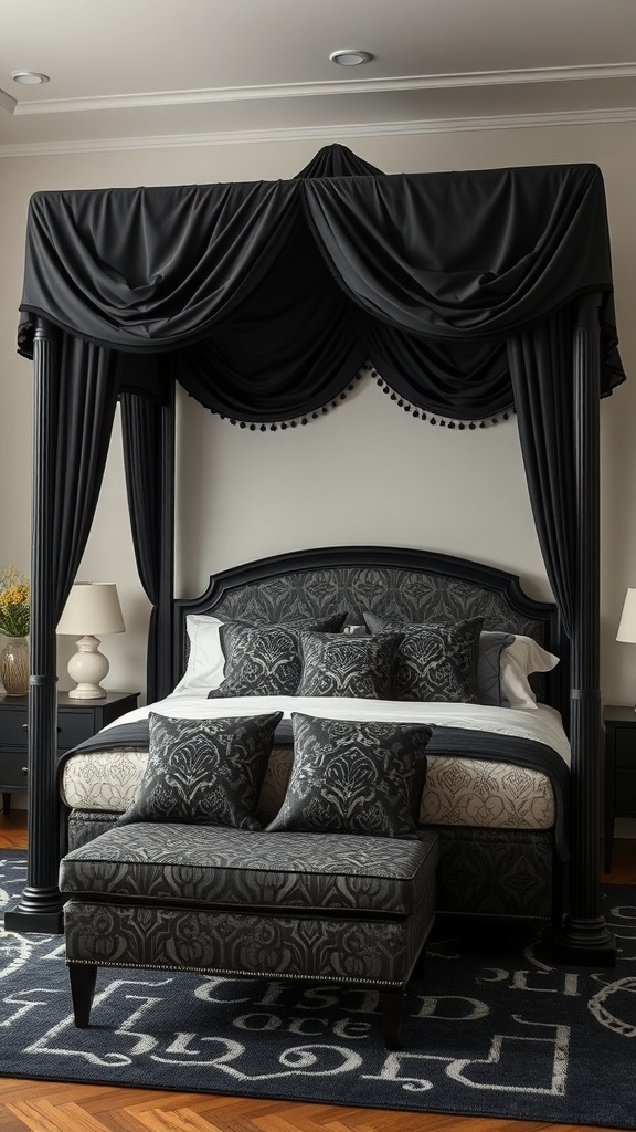 Art Deco black canopy bed with geometric patterns and matching decor