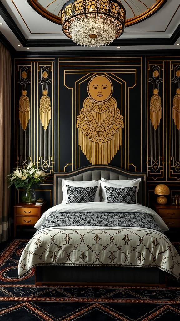 A luxurious Art Deco black bedroom featuring gold motifs on the walls, elegant bedding, and a stylish chandelier.